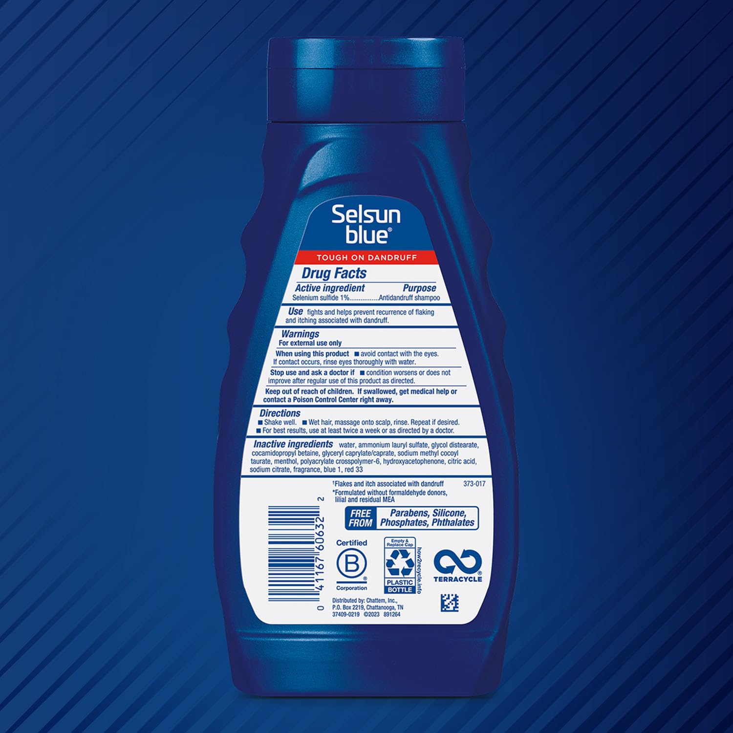 Close-up of the Selsun Blue bottle showing a clean formula.
