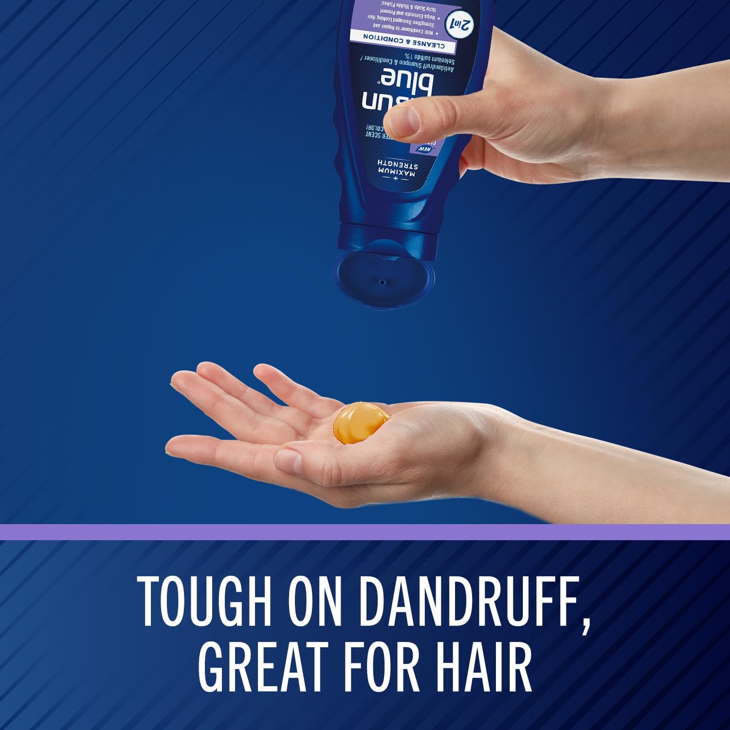 Selsun Blue foamy shampoo lather shows quick cleansing and refreshing feel