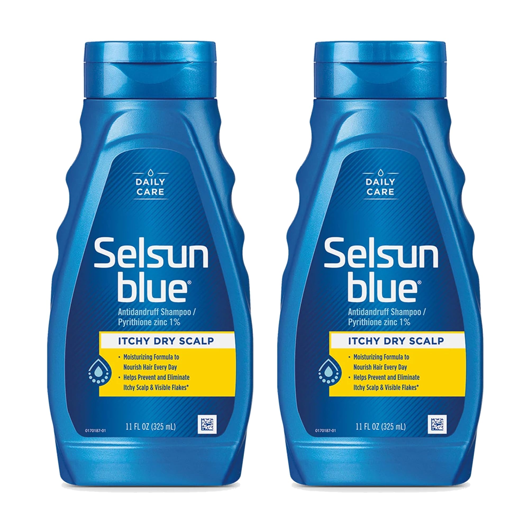 Selsun Blue itchy dry scalp shampoo bottle front showing the formula.