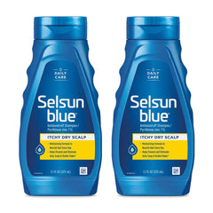 Selsun Blue itchy dry scalp shampoo bottle front showing the formula.