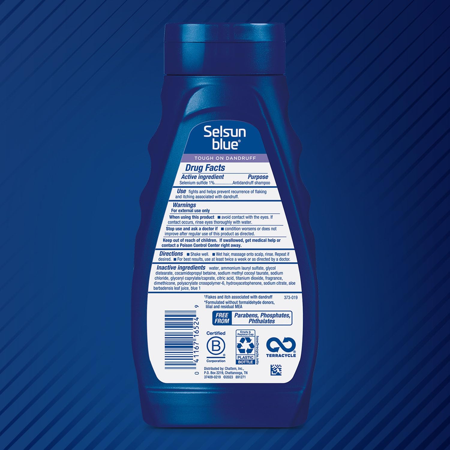 Selsun Blue 2-in-1 label close-up highlights all-in-one cleansing and conditioning