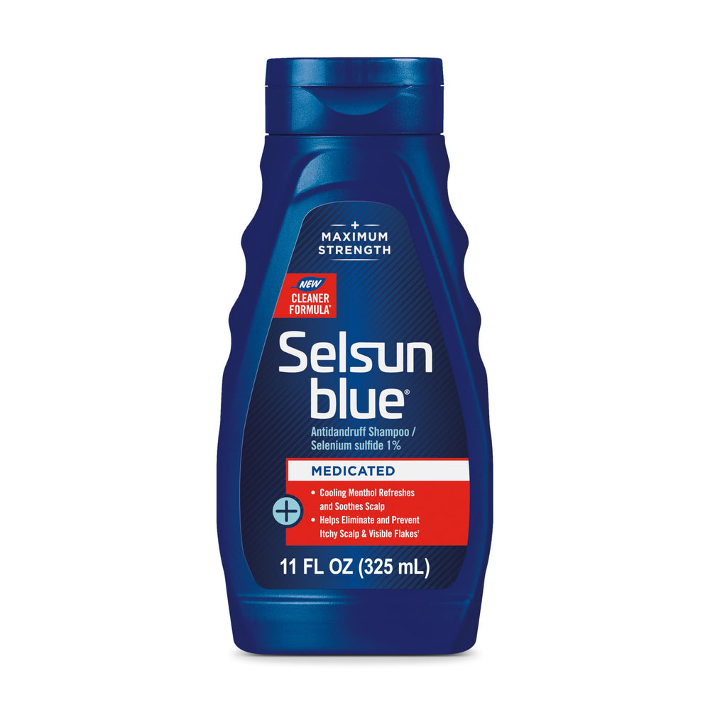 Selsun Blue medicated antidandruff shampoo bottle, 11 oz, for targeted scalp care.