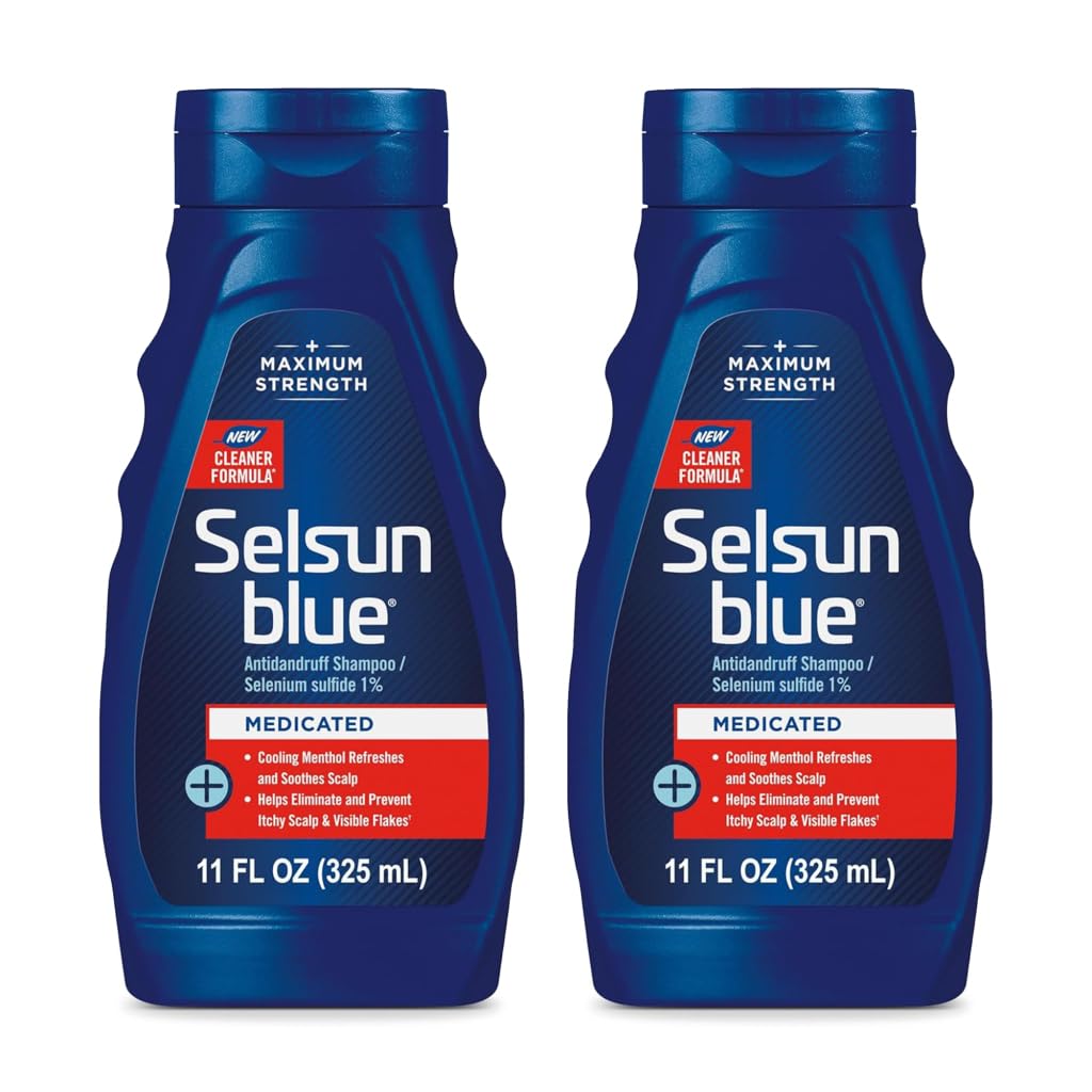 Selsun Blue medicated shampoo bottle for dandruff relief and clean scalp.