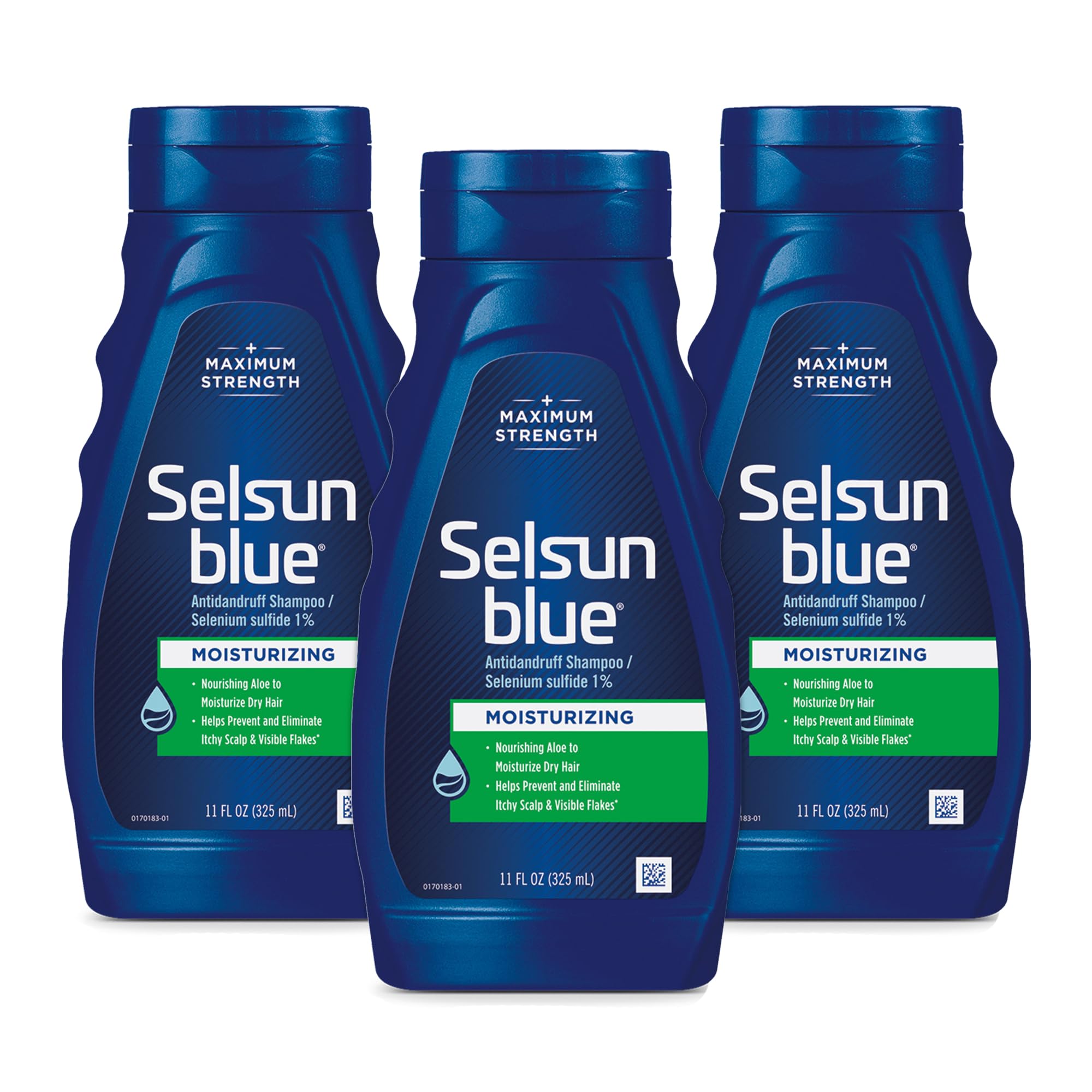 Selsun Blue Aloe bottle front showing moisturizing anti-dandruff care for dry scalp.