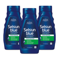 Selsun Blue Aloe bottle front showing moisturizing anti-dandruff care for dry scalp.