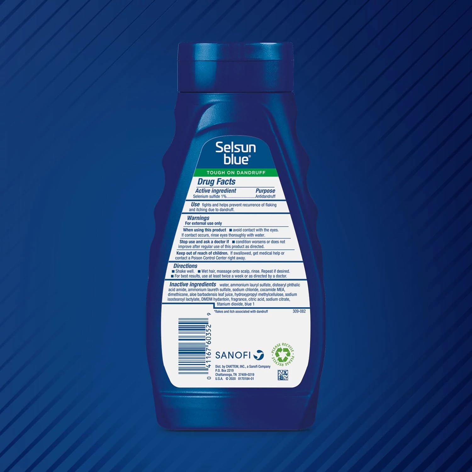 Selsun Blue Aloe bottle pour illustrating creamy lather for dandruff control.