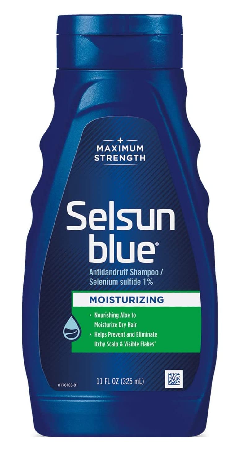 The Selsun Blue Moisturizing Anti-Dandruff Shampoo bottle with aloe supports dry scalp care.