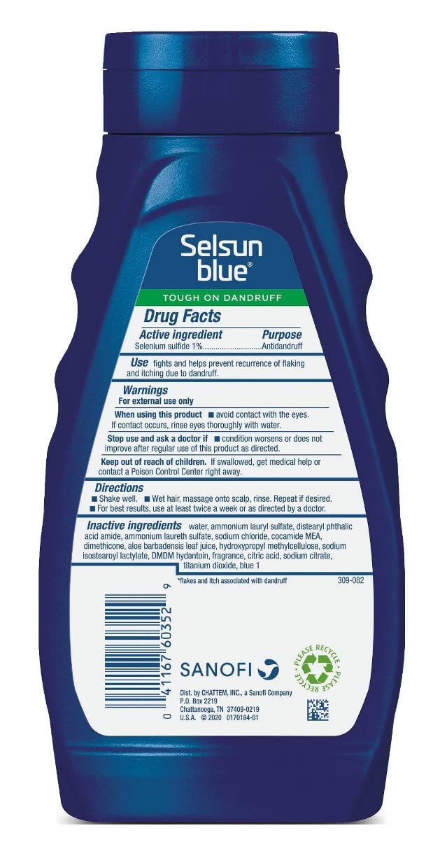 Selsun Blue aloe shampoo label close-up highlights the 1% selenium sulfide formula.