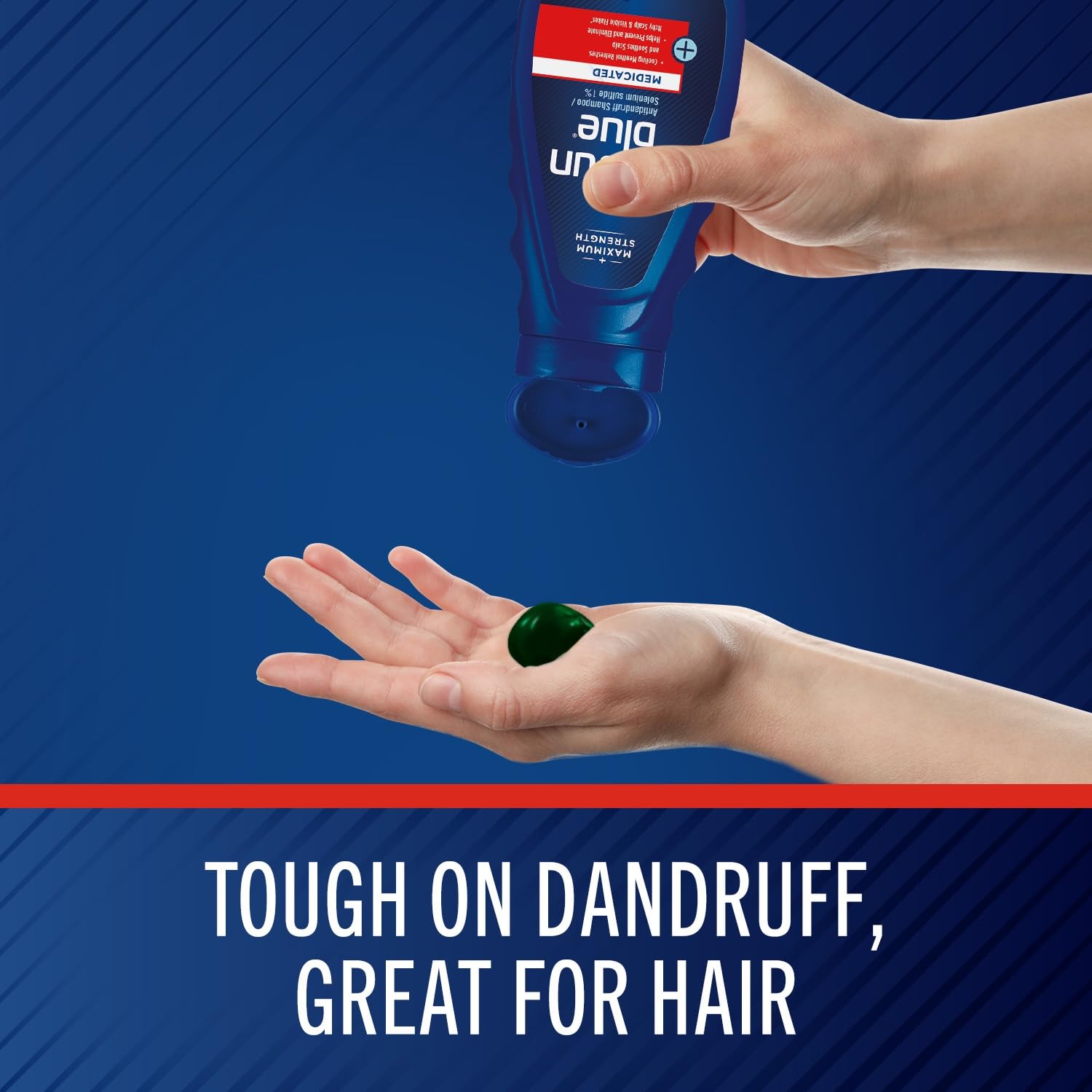 Selsun Blue selenium sulfide 1% bottle emphasizes maximum strength anti-dandruff formula.