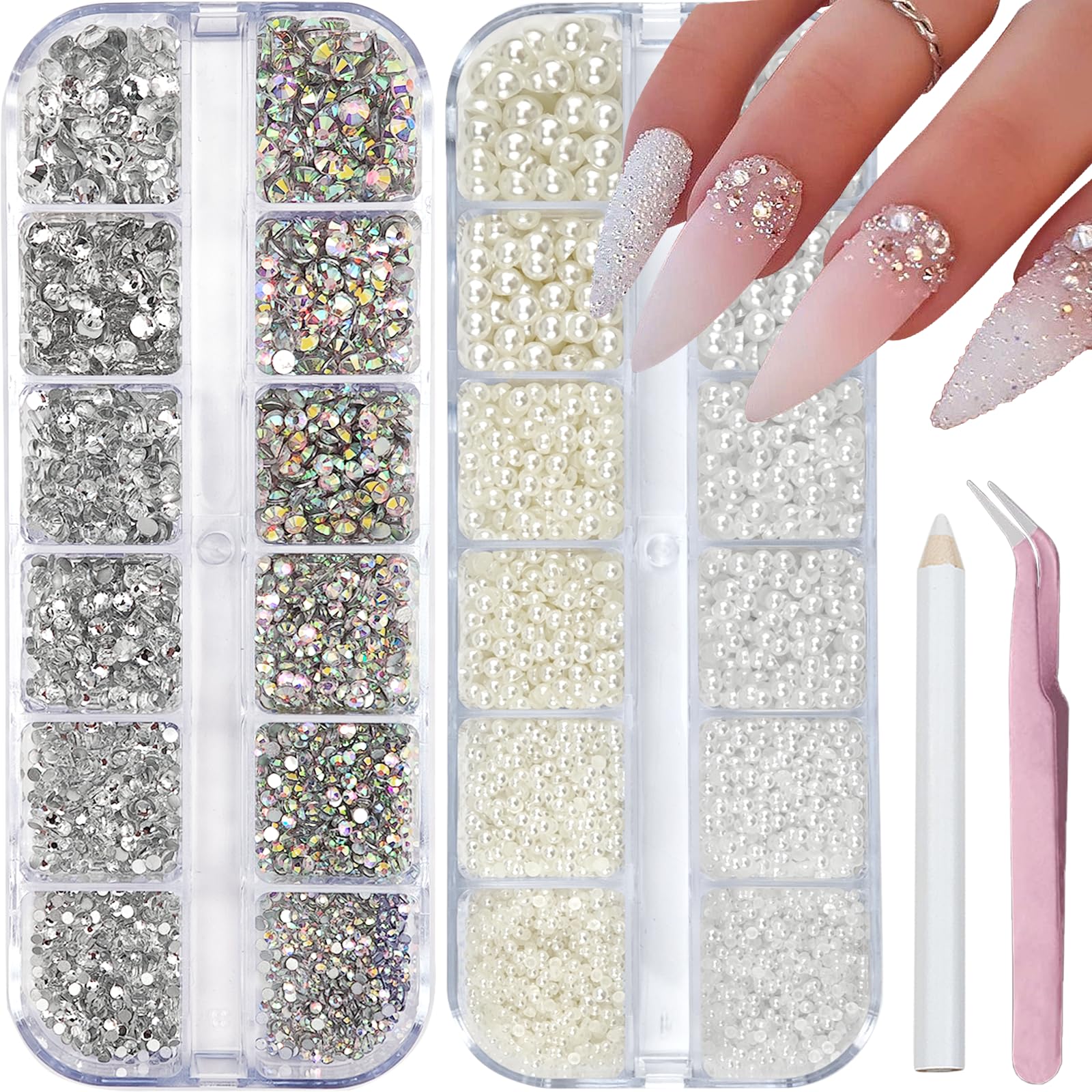 SEMATA packaging with rhinestones and pearls for easy DIY nail art storage.