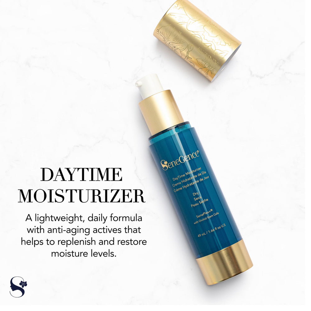 Ingredients glass of DayTime Moisturizer highlighting nourishing actives