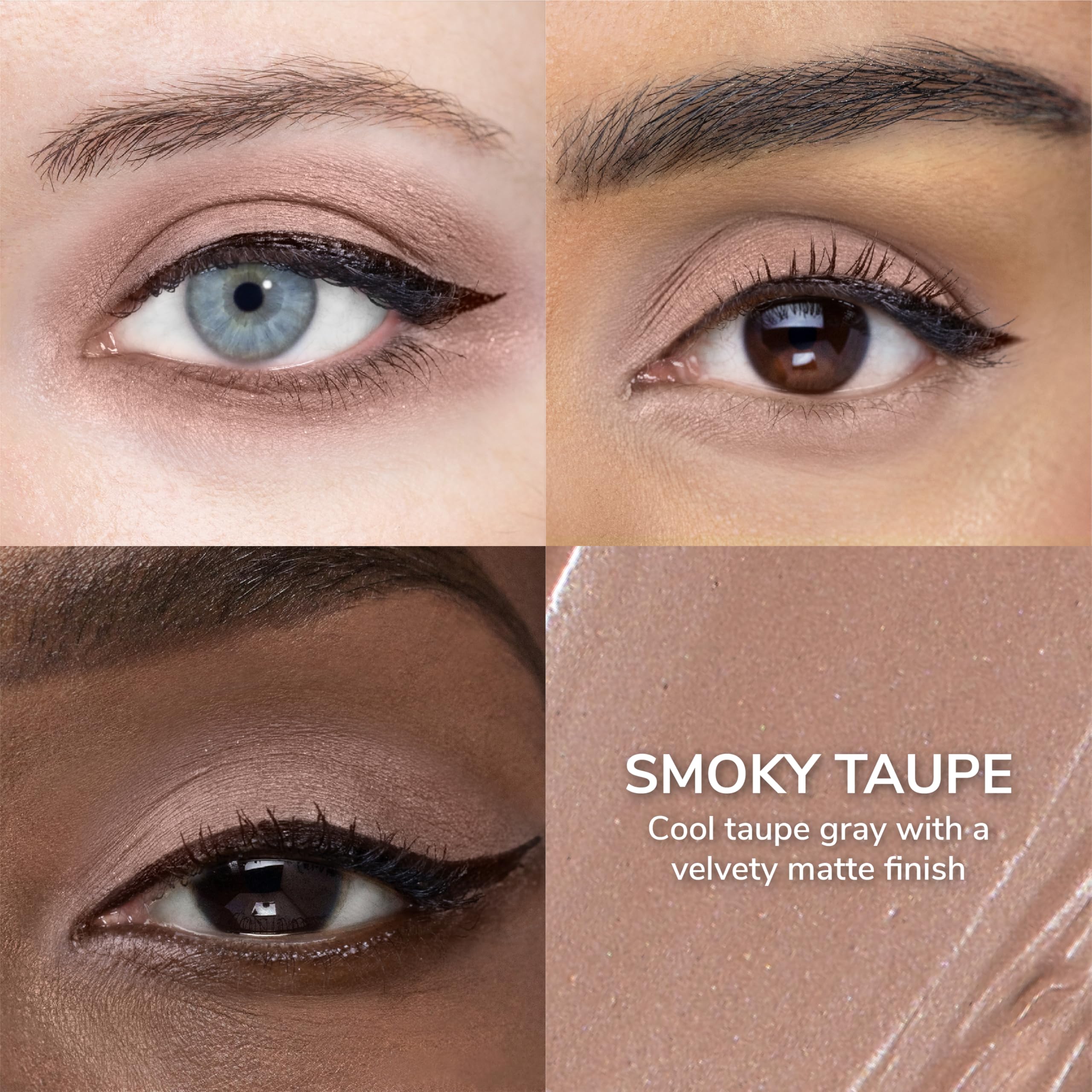 ShadowSense Smoky Taupe on lid illustrates durable, smudge-proof finish throughout the day.