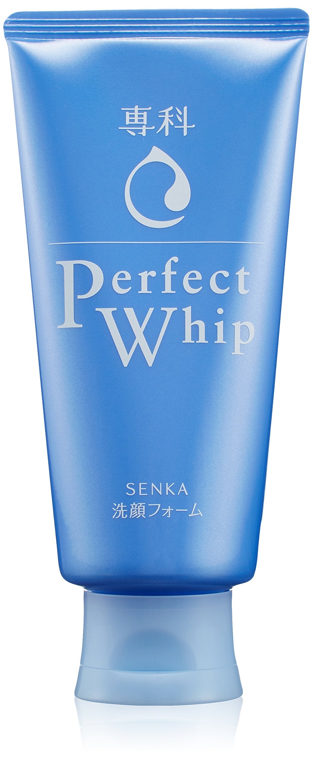 Senka Perfect Whip bottle close-up with creamy foam texture for daily cleansing.