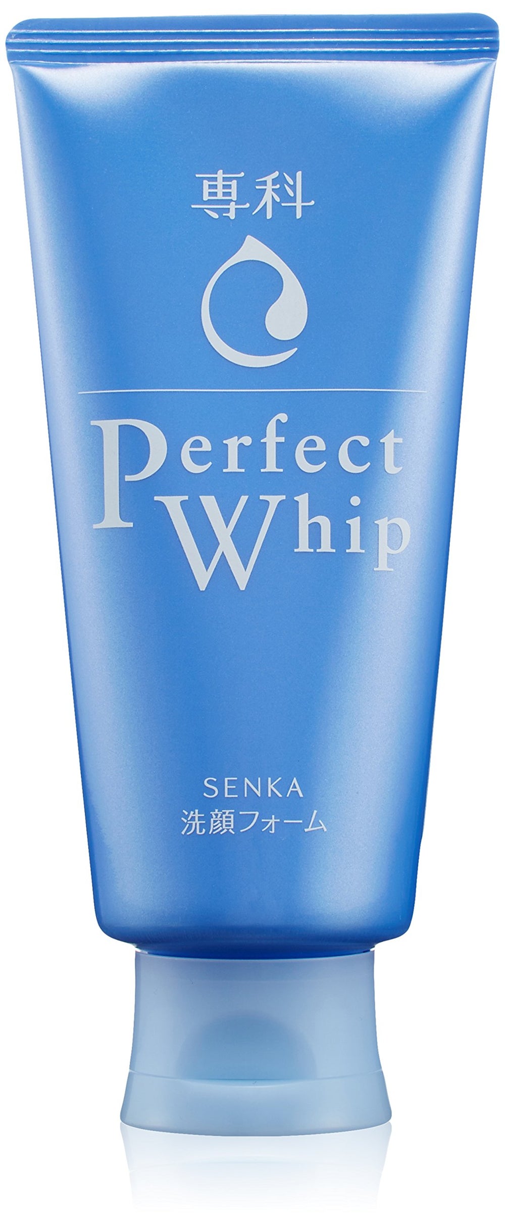 Senka Perfect Whip bottle close-up with creamy foam texture for daily cleansing.