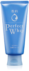 Senka Perfect Whip bottle close-up with creamy foam texture for daily cleansing.