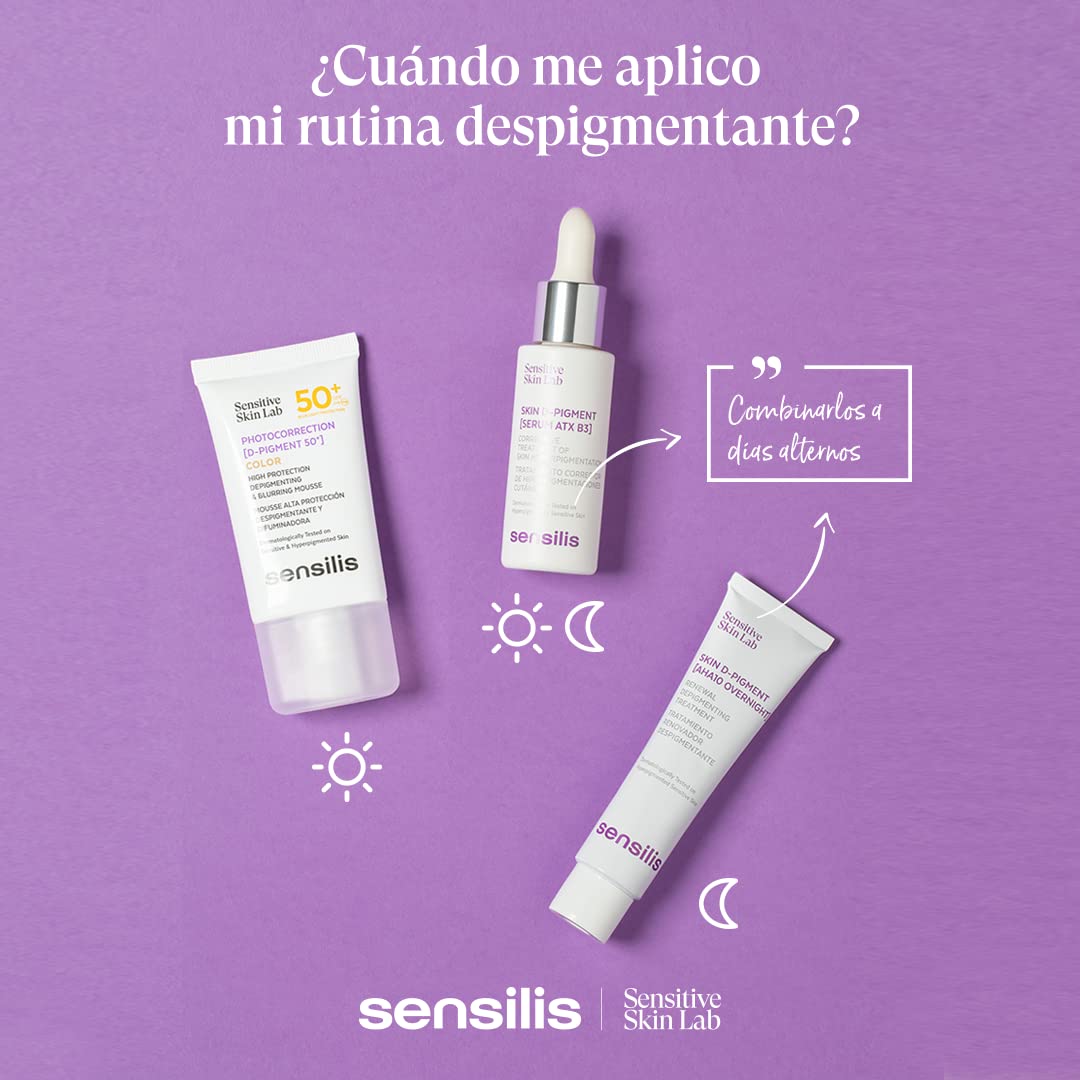 Sensilis D-Pigment Serum ATX B3 box on table, dermatologically tested quality.