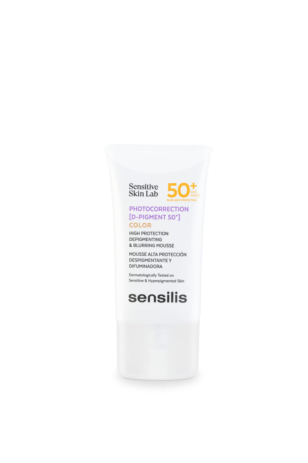 Sensilis Photocorrection D-Pigment 50+ tinted mousse bottle with broad UVA, UVB and blue light protection.