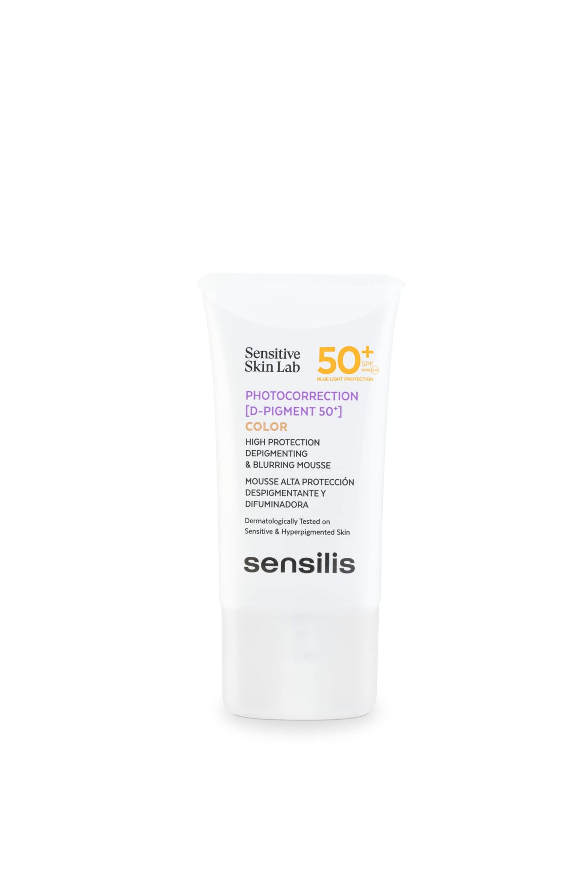Sensilis Photocorrection D-Pigment 50+ tinted mousse bottle with broad UVA, UVB and blue light protection.