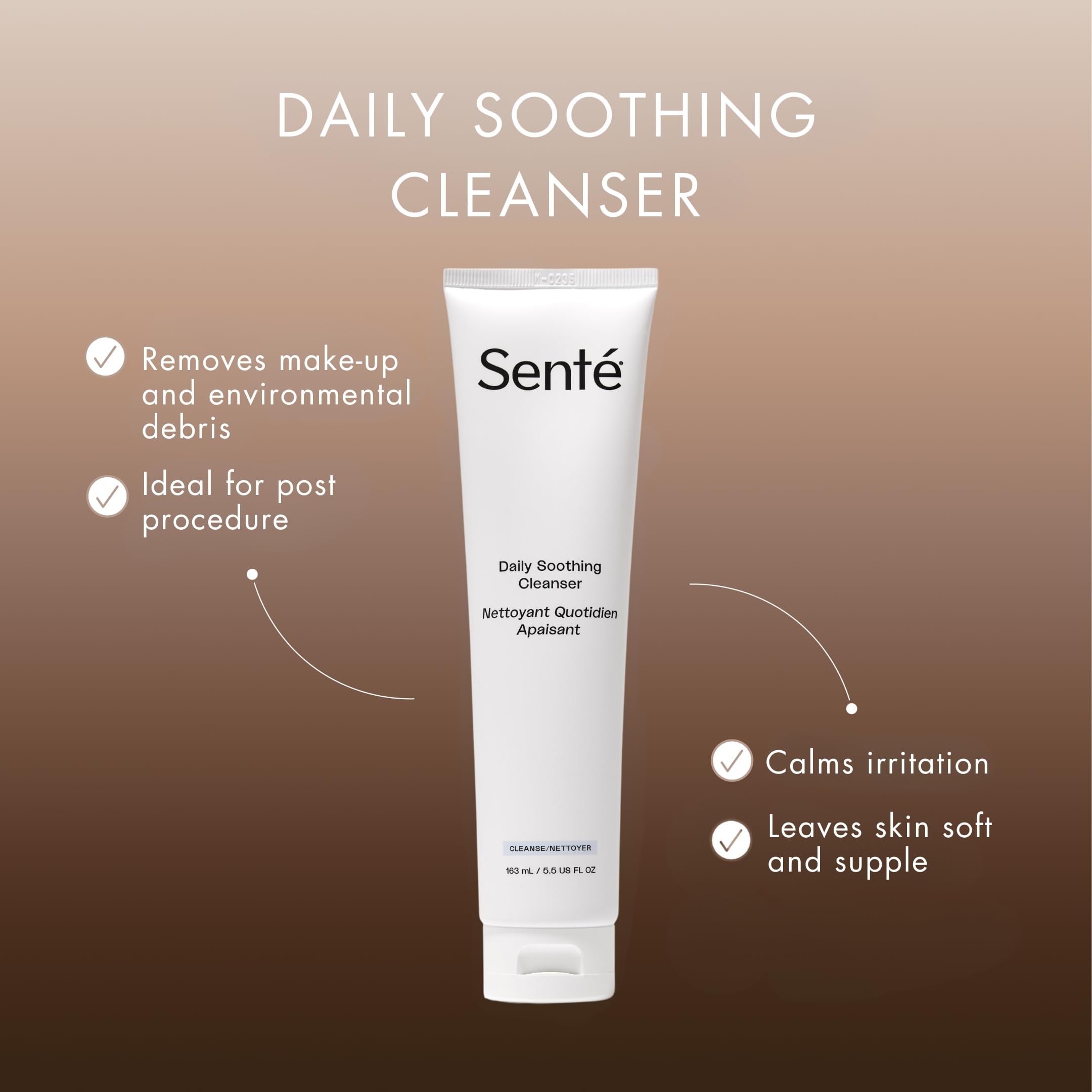 Sente Daily Soothing Facial Cleanser pump bottle showing gentle formula for dry skin