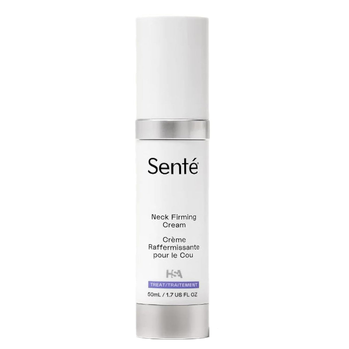 Sente firming neck cream bottle with pump for targeted neck care.