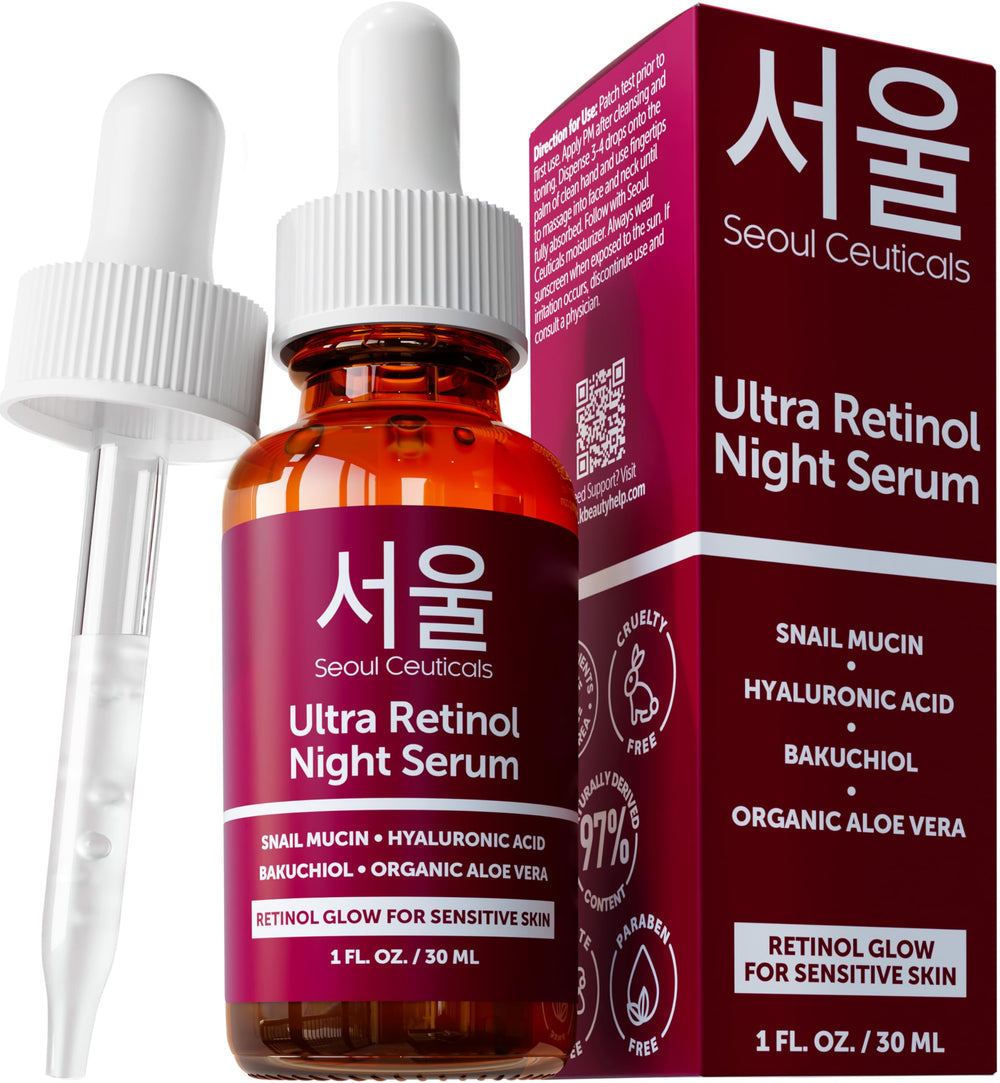 SeoulCeuticals bottle with pump showing easy night-time application and hydration benefits.