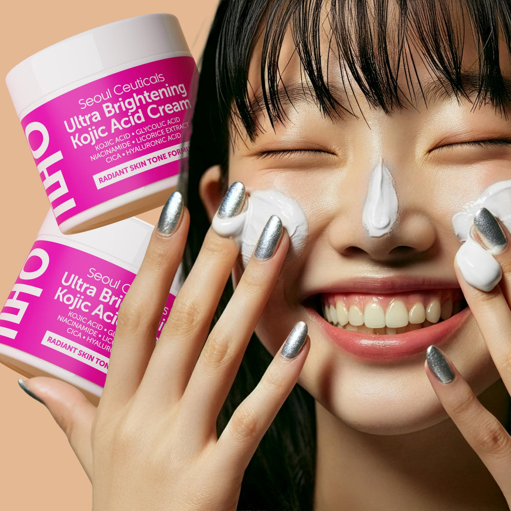 Morning skincare with SeoulCeuticals Kojic Cream and Hyaluronic Acid for glow.