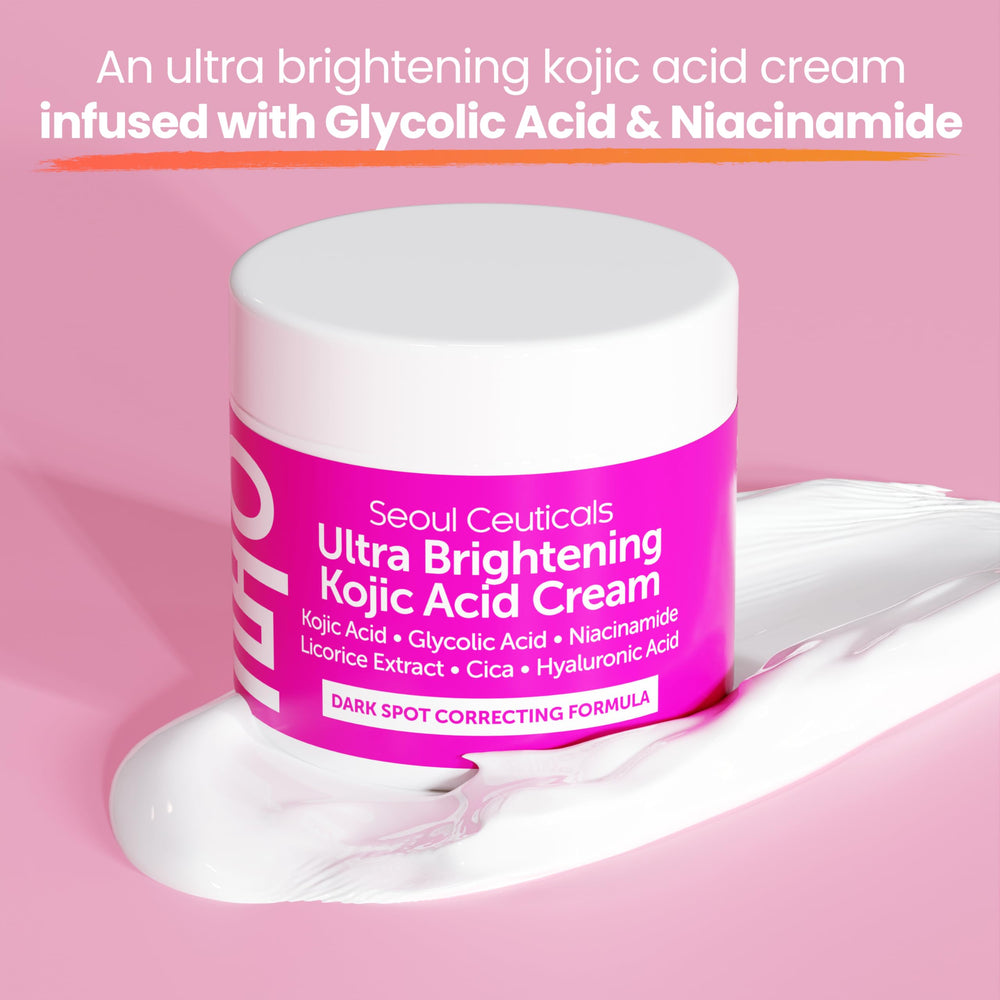 Packaging and cream swatch suggesting targeting dark spots and aging signs.