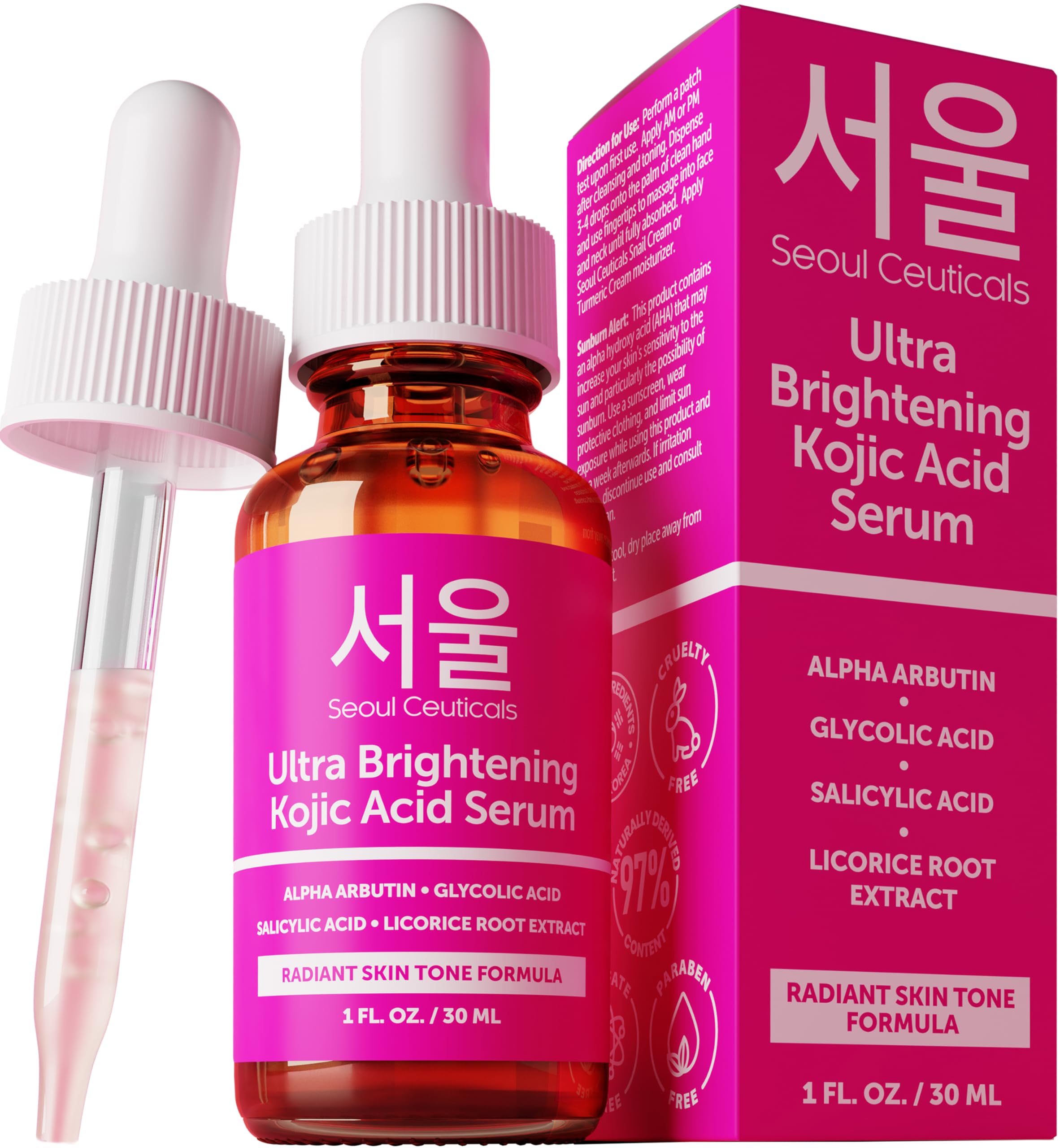 SeoulCeuticals Kojic Serum bottle front promotes brighter, more even-looking skin.
