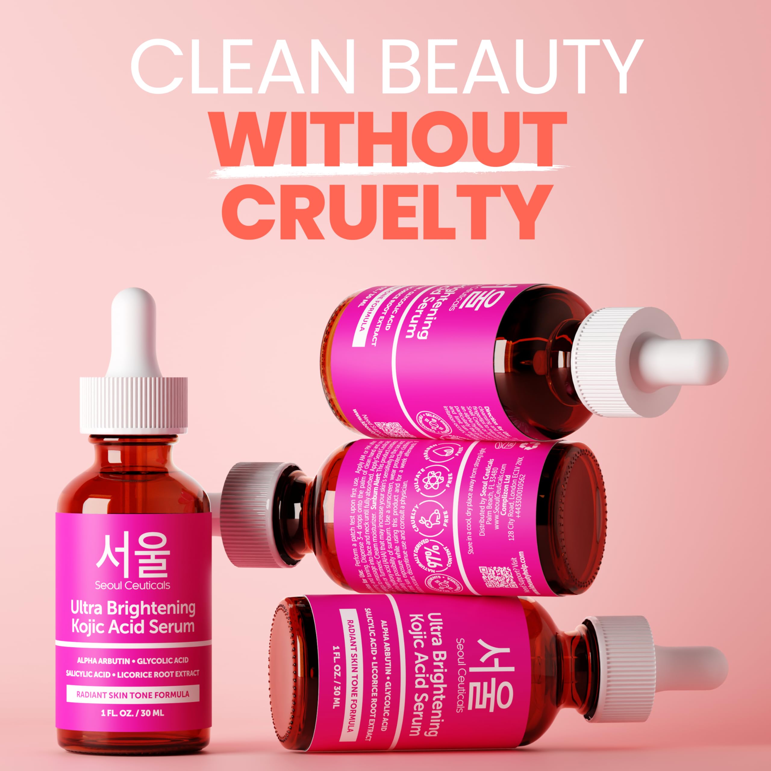 SeoulCeuticals Kojic Serum ingredients graphic highlights glycolic and salicylic acids for gentle exfoliation.