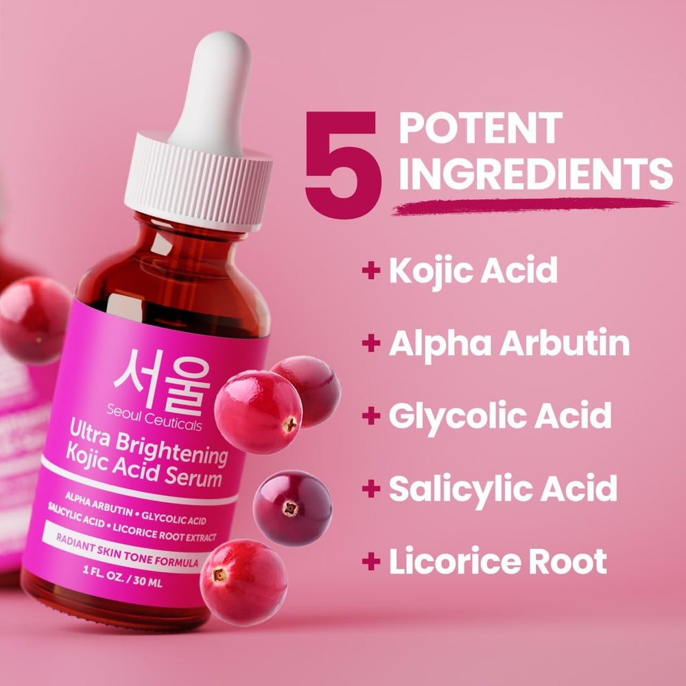 SeoulCeuticals Kojic Serum label close-up highlights key actives for lightening.