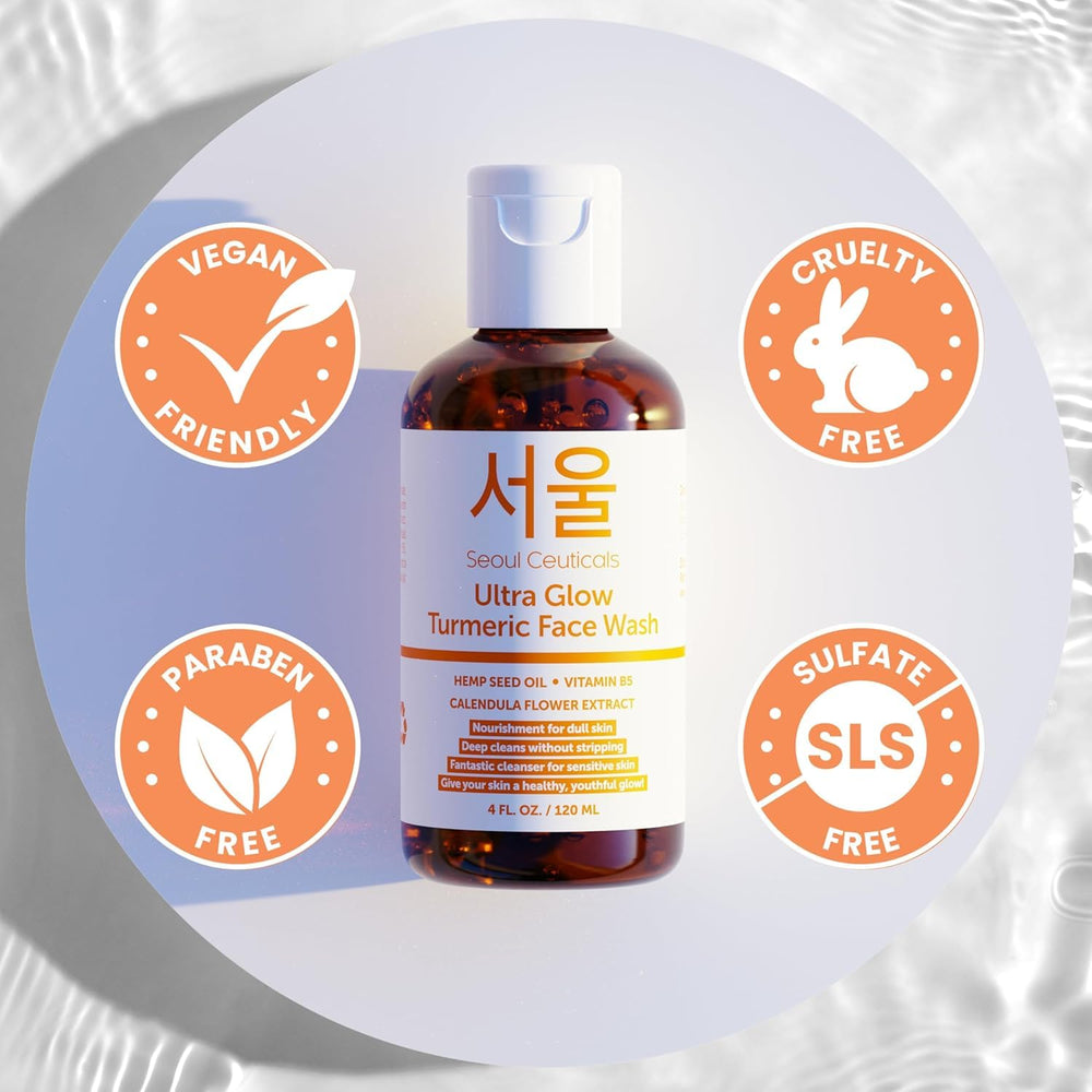 SeoulCeuticals face wash ingredients panel close-up emphasizing hemp seed oil and turmeric.