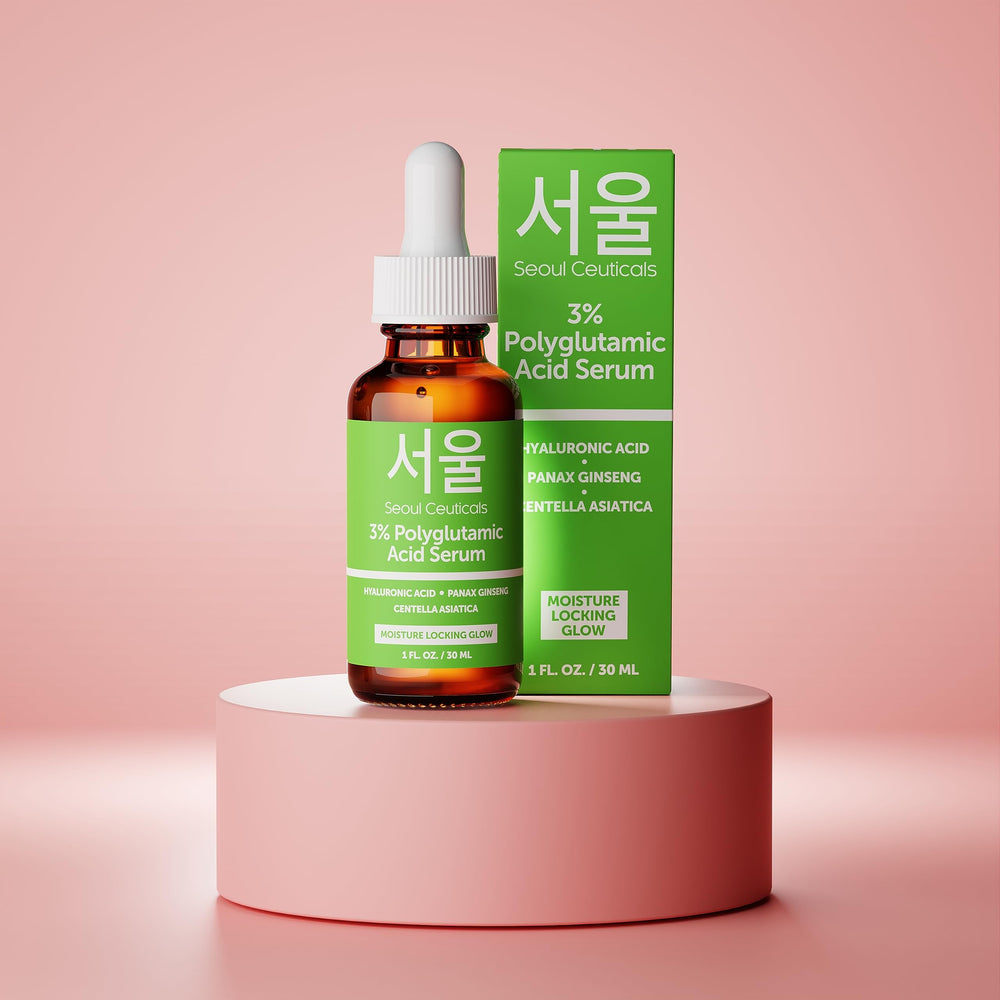 SeoulCeuticals Serum flatlay with soft lighting for skincare routine.