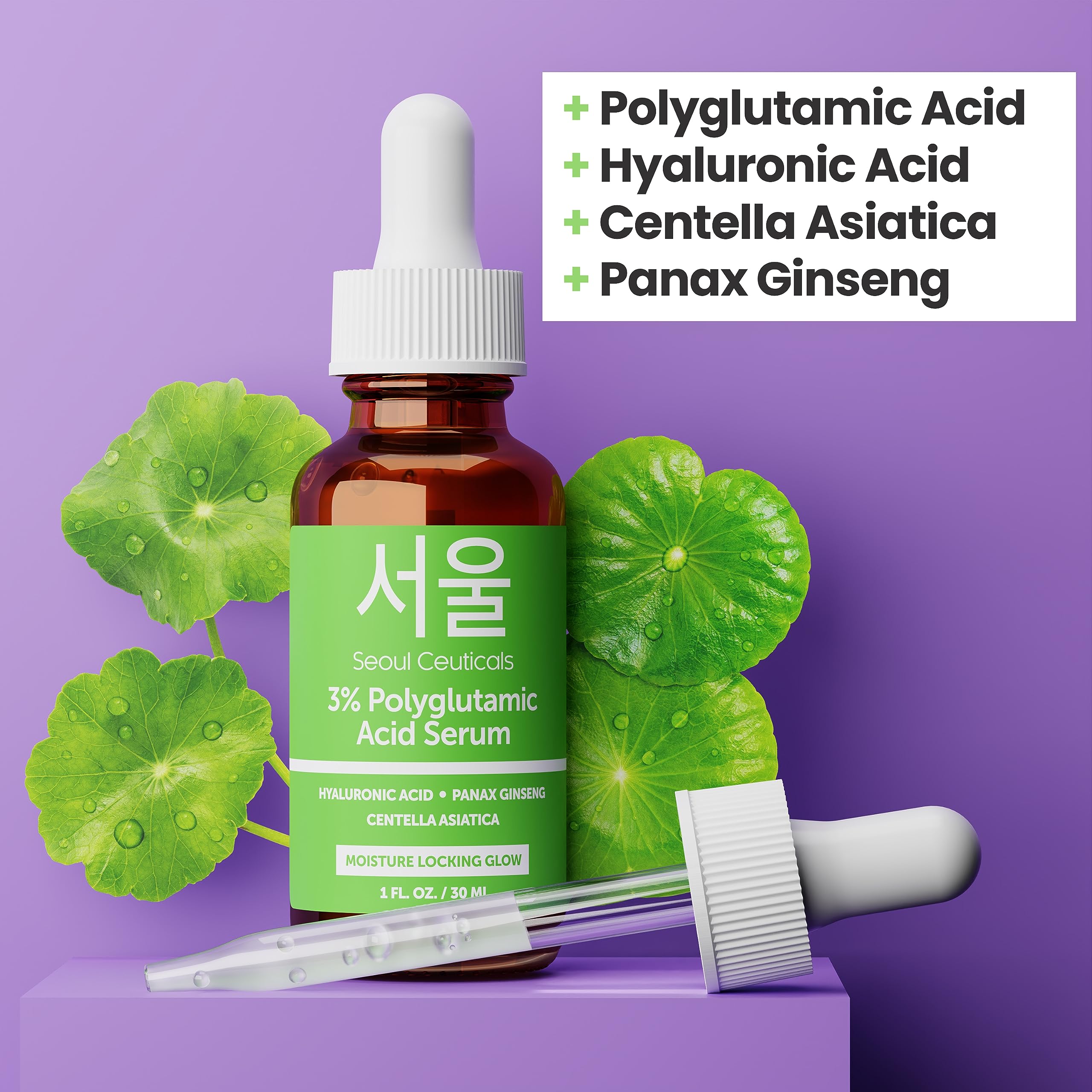 SeoulCeuticals ingredient panel shows PGA, HA, Centella for glow.