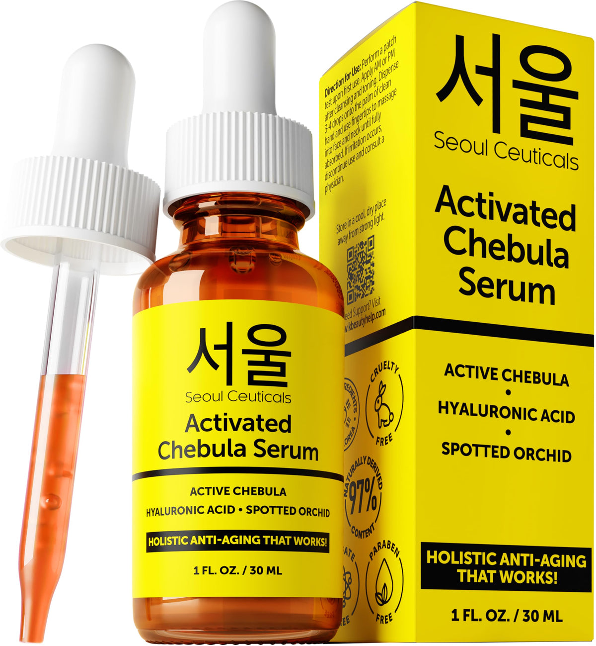 Sérum SeoulCeuticals Chebula, bouteille élégante prête pour une routine visage hydratante.