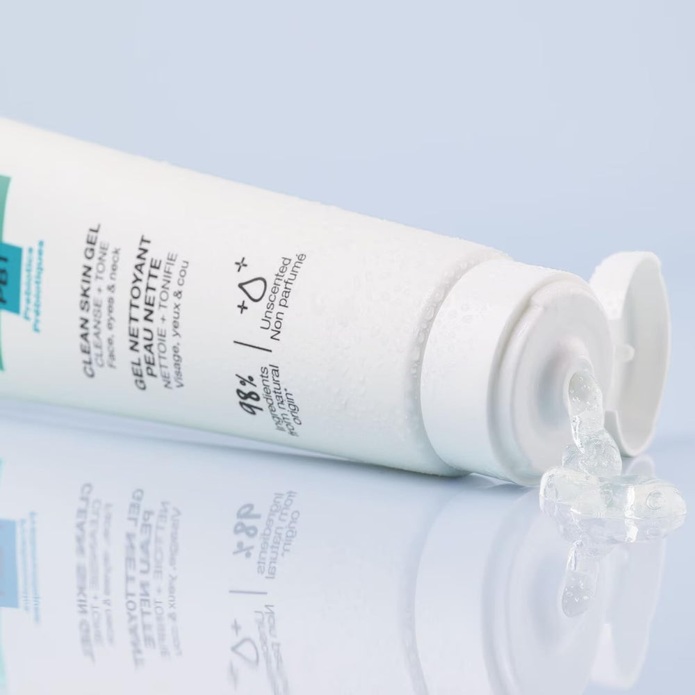 Makeup removal action shown with clear gel, fragrance-free formula.