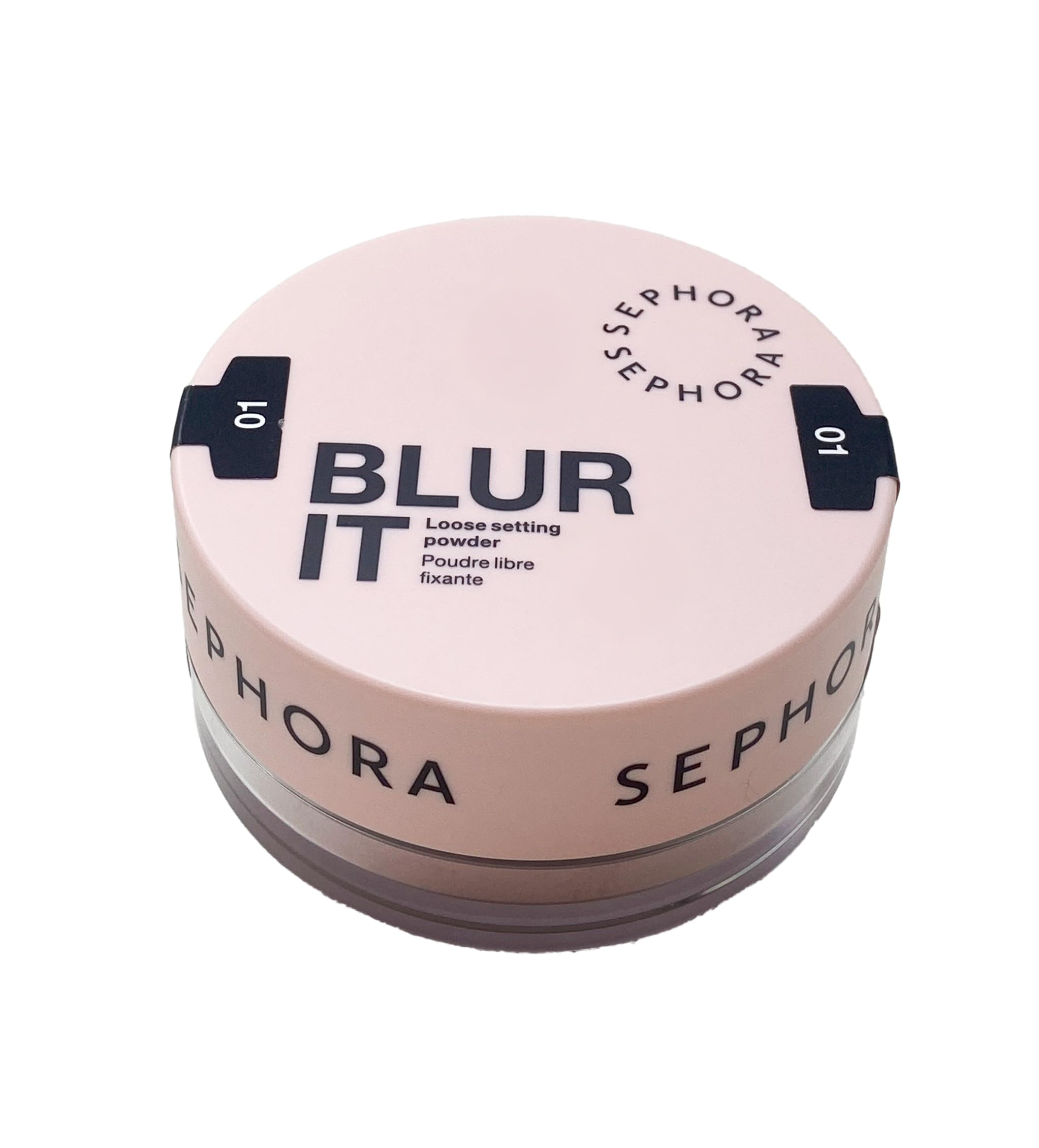 SEPHORA Blur It loose setting powder 01 Brightening Pink in packaging close-up.