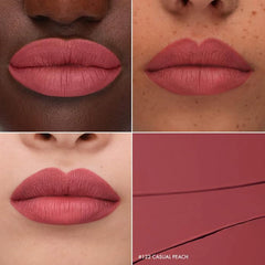 SEPHORA Collection Cream Lip Stain 122 Casual Peach closeup highlights velvet texture and transfer-proof finish.