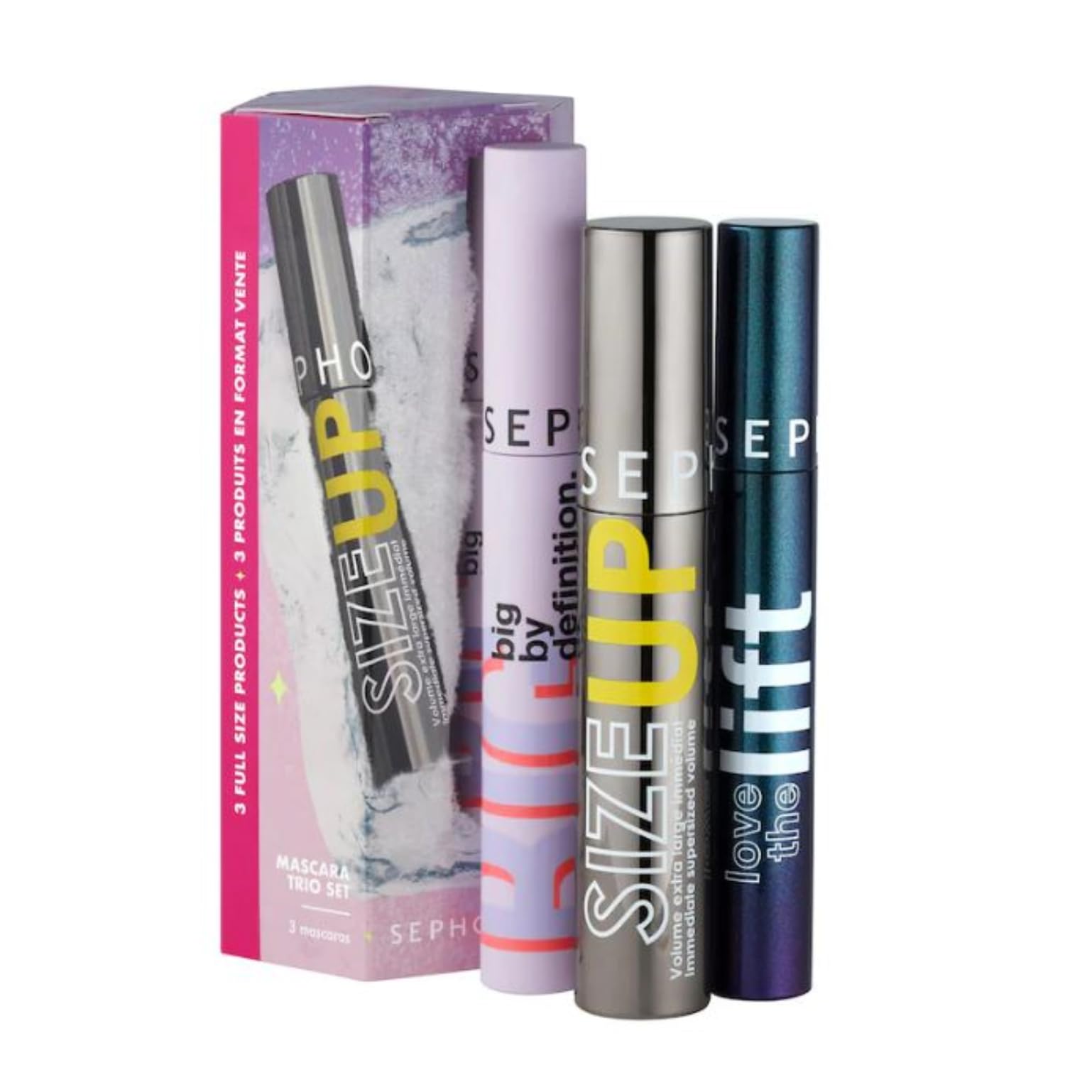 SEPHORA Favorites mascara trio box with three full-size wands for versatile looks.