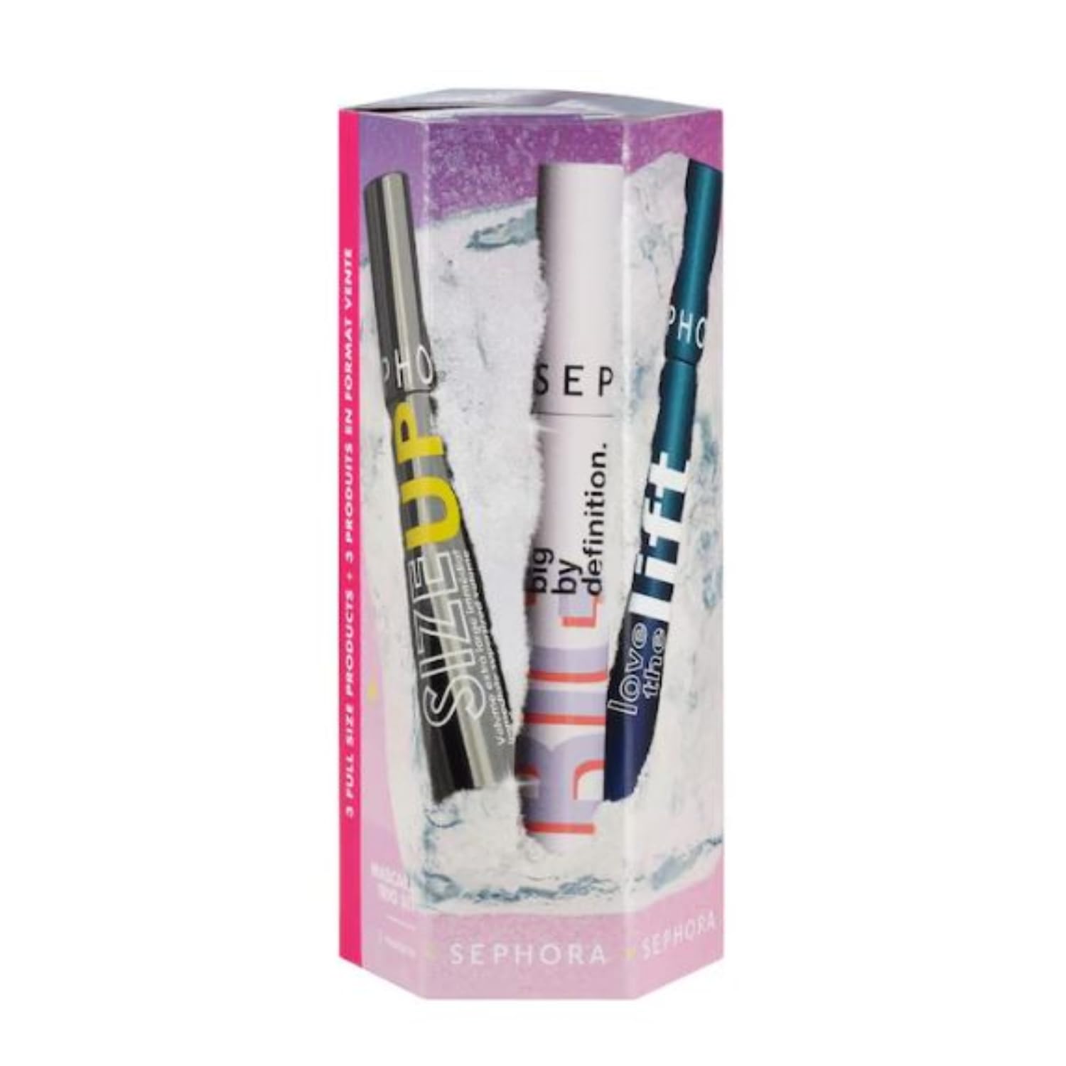 SEPHORA Favorites mascara trio wands closeup shows lift, volume, and definition.