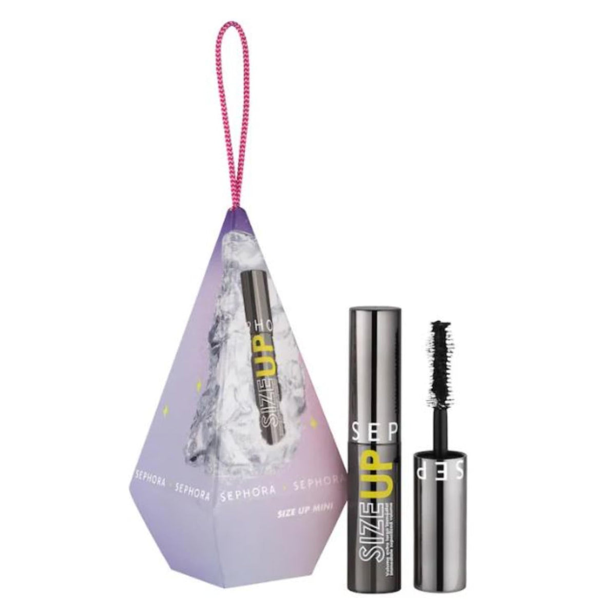 Sephora Favorites Mini Size Up Mascara in festive ornament box for travel and gifting.