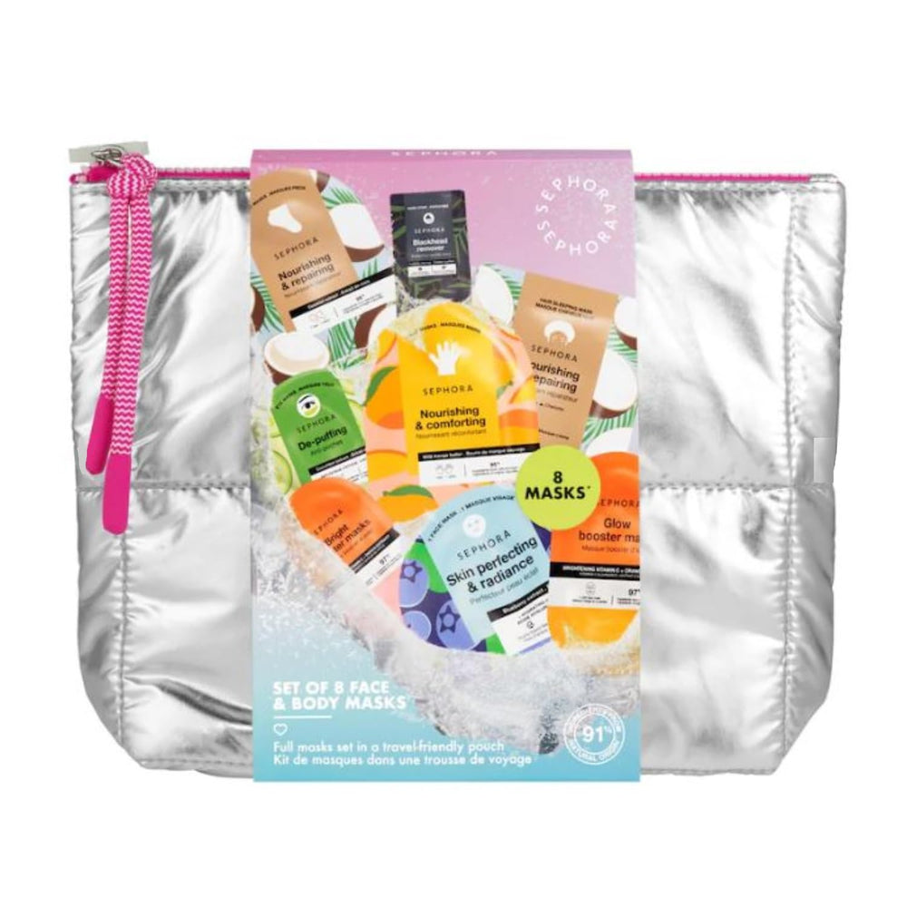 SEPHORA Moving Lights set in a silver pouch with eight masks for complete self-care.