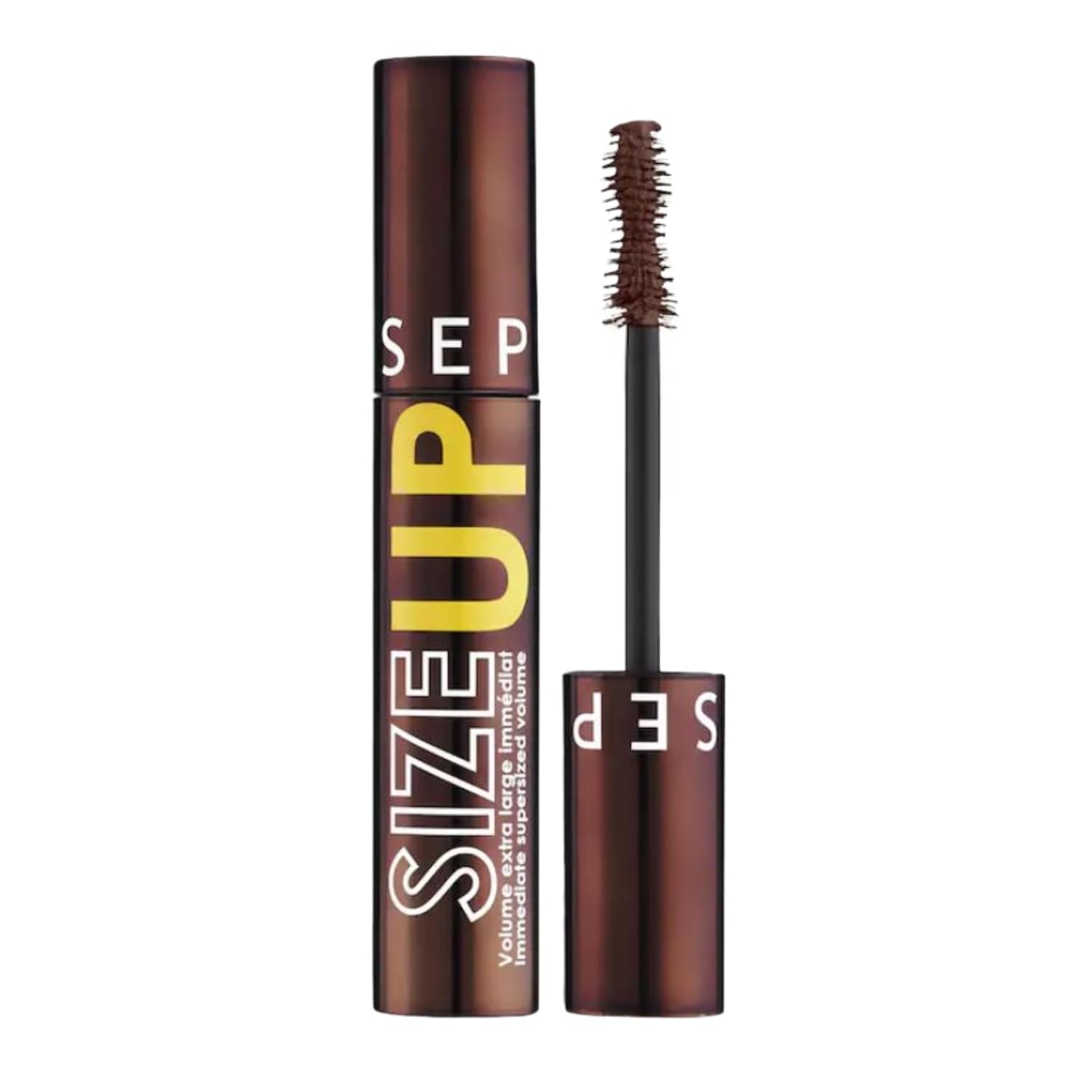 SEPHORA Size Up mascara brown bottle showcases vegan formula for bold volume.