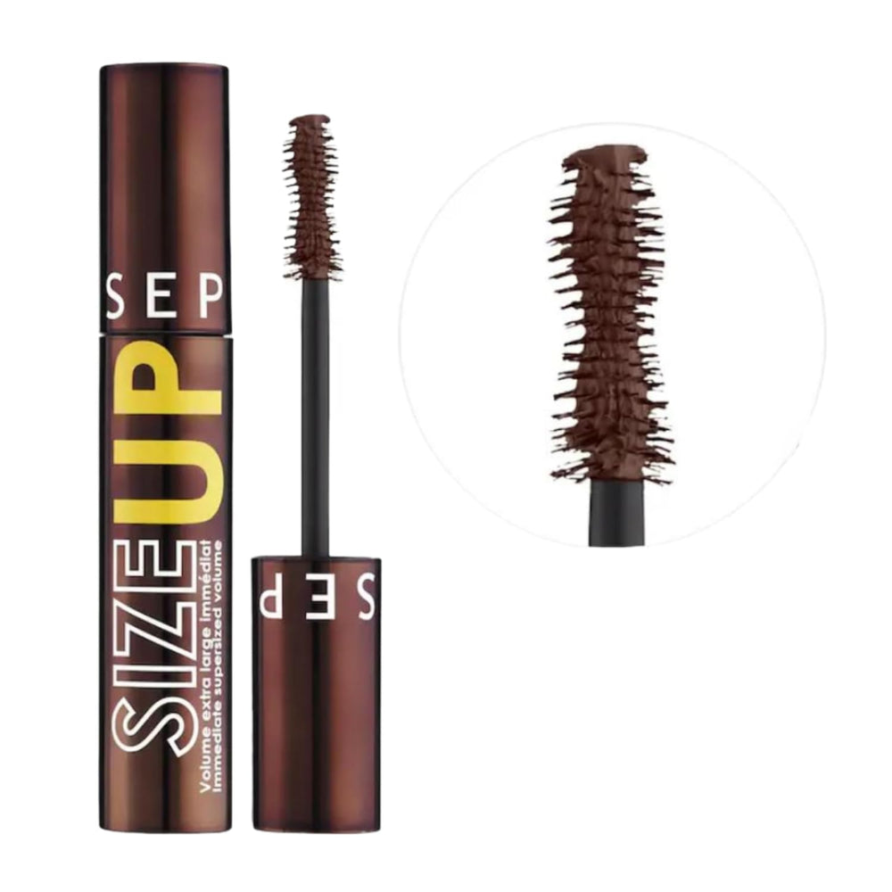 SEPHORA Size Up mascara brown wand highlights hourglass design for precise coating.
