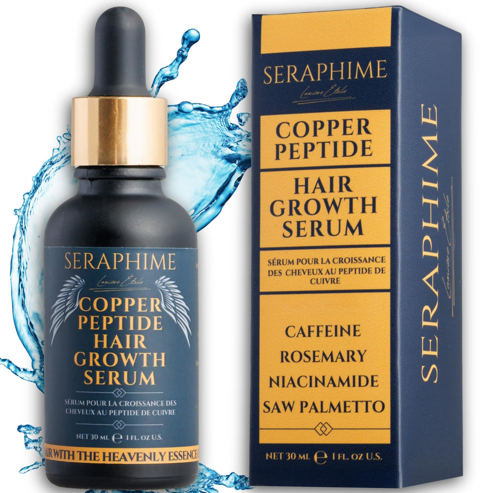 Seraphime Copper Peptide Serum bottle showcasing the hair growth formula for daily use.