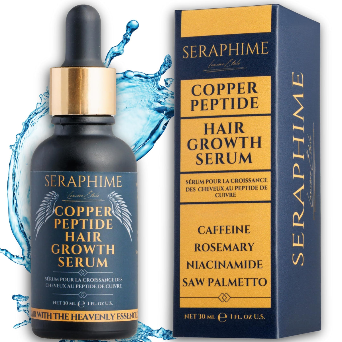Seraphime Copper Peptide Serum bottle showcasing the hair growth formula for daily use.