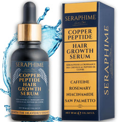 Seraphime Copper Peptide Serum bottle showcasing the hair growth formula for daily use.