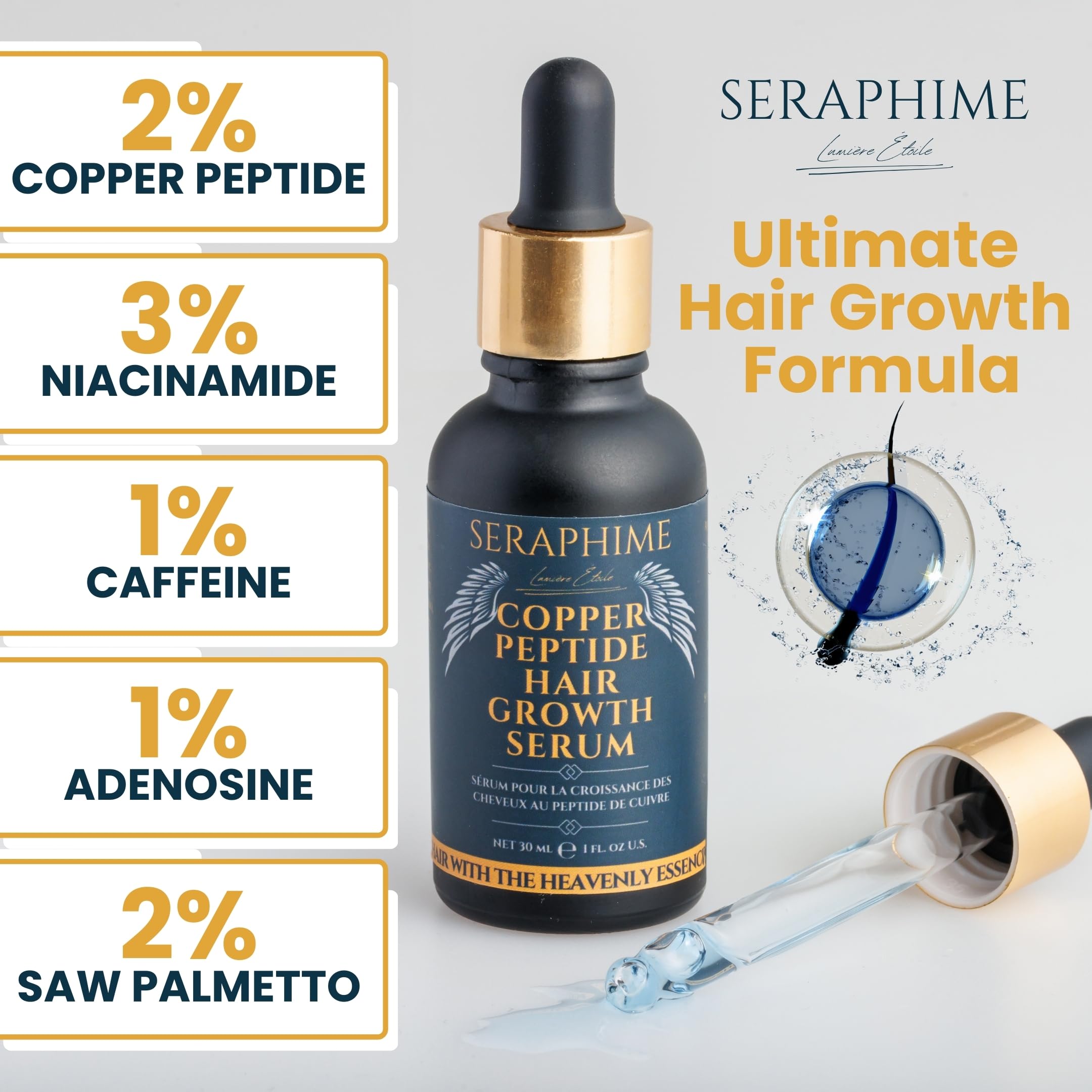 Seraphime Copper Peptide Serum pump action highlights convenient scalp application.