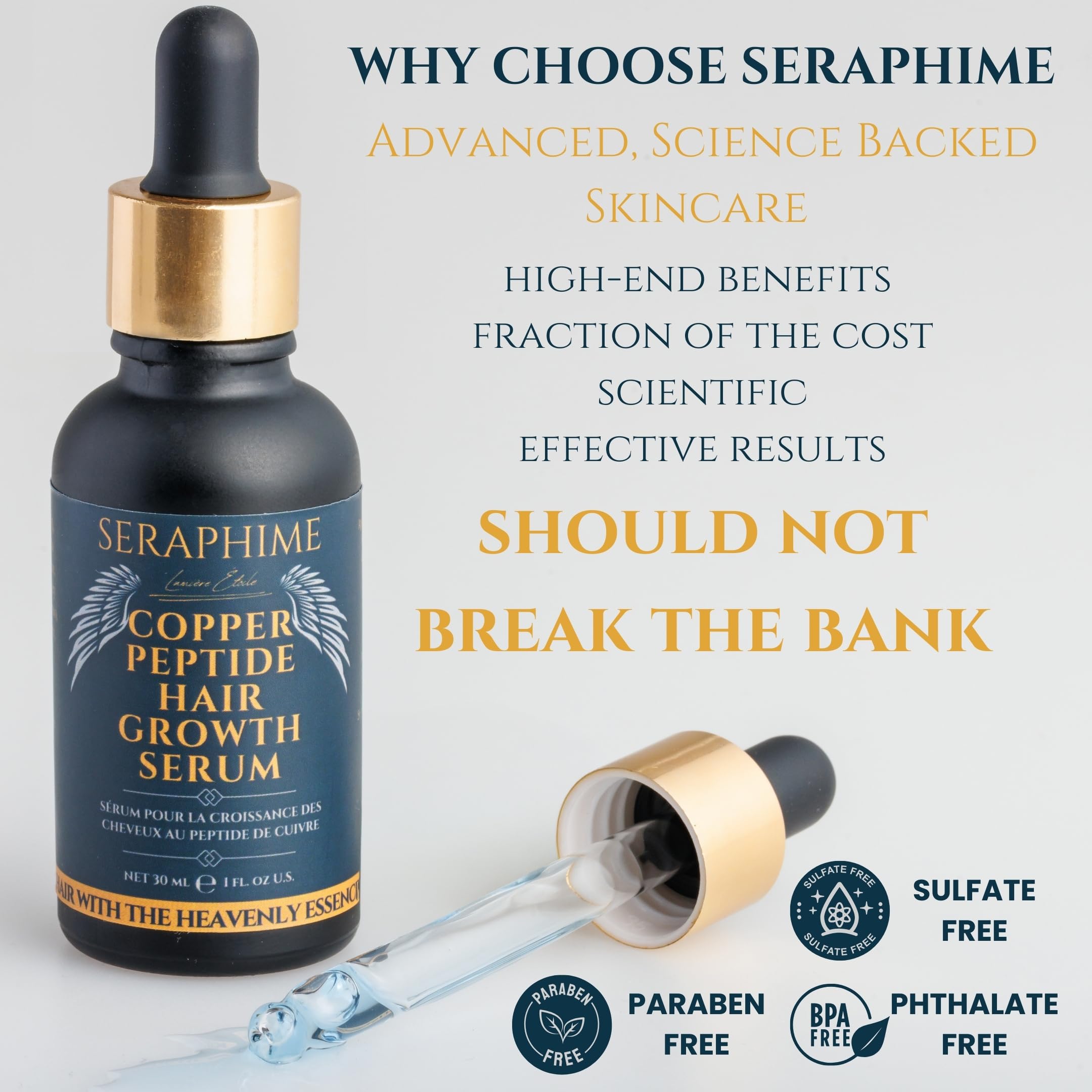 Seraphime Copper Peptide Serum on mirror setup suggests everyday scalp care routine.
