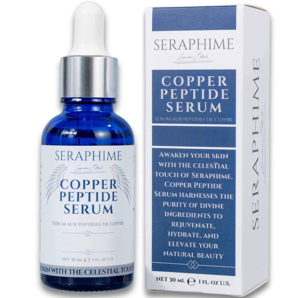 Seraphime copper peptides serum bottle pour for precise application and hydration.