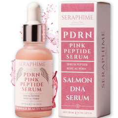 Seraphime PDRN Pink Serum bottle close-up, premium glass packaging for hydrated, glowing skin.